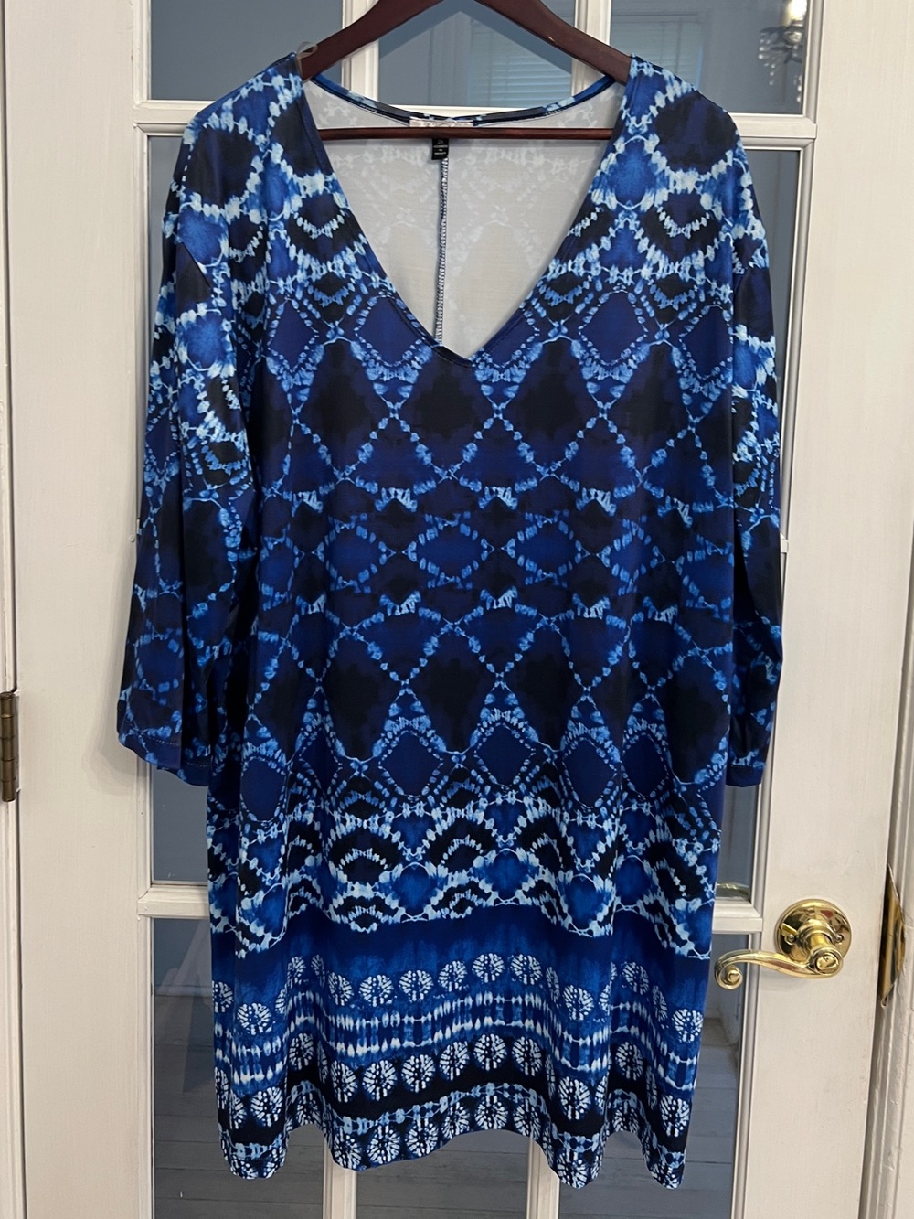 J. VALDI Women’s Blue Tie Dye V-Neck 3/4 Sleeve Stretch Tunic Dress 2X